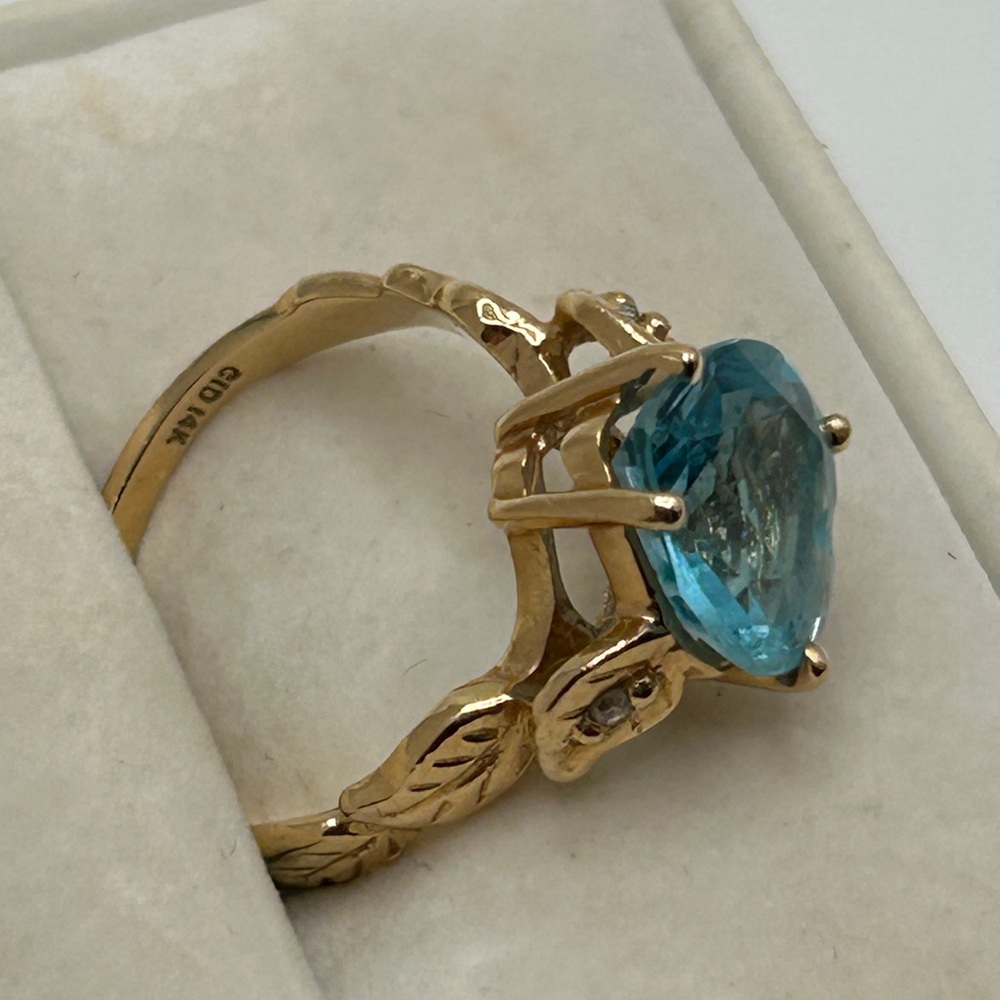 14k Solid Gold Ring Blue Heart 10mm Topaz and Diamond Gemstone - Picture 5 of 13
